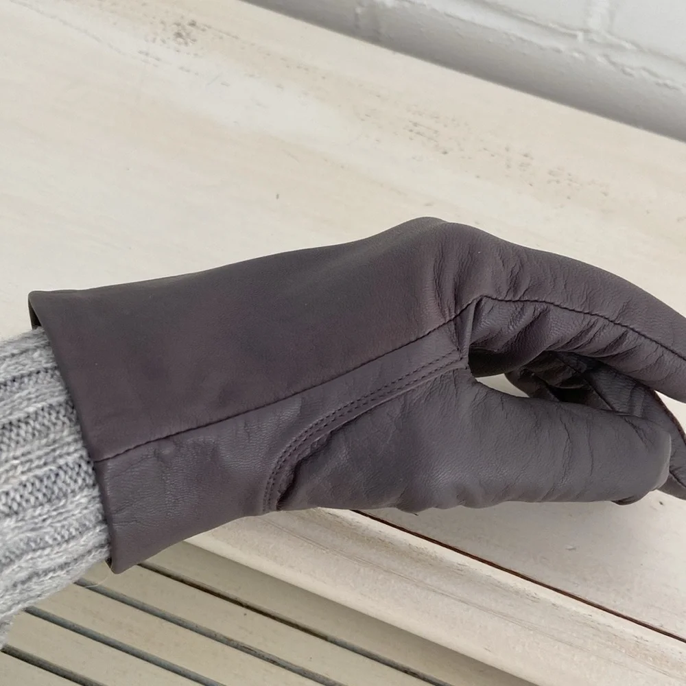 Womens Banana Republic Grey Leather Winter Driving Gloves Ribbed Knitted Cuff